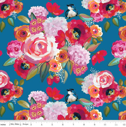 Riley Black - Poppies and Plumes - Main - Ocean - Fabric by the half yard
