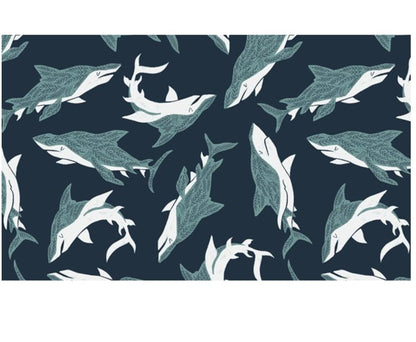 Dear Stella - Sink Or Swim - Sharks - Navy - Quilting Fabric By the HALF YARD - STELLA-SRR1468  By Rae Ritchie
