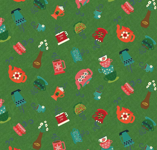 Riley Blake - In From The Cold - Green Cups - 100% Quilting Cotton Fabric by the HALF YARD