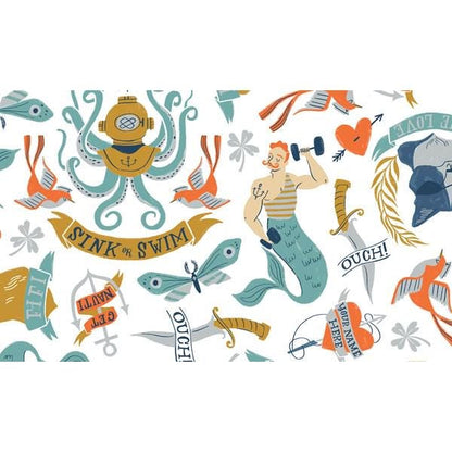 Dear Stella - Sink Or Swim - Tattoo - White - STELLA-SRR1468 By Rae Ritchie- Fabric by the half yard