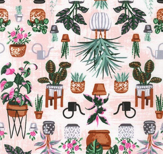 Robert Kaufman -  Wishwell Patio - Potted Plants Camellia Pink by Vanessa Lillrose and Linda Fitch - Fabric by the half yard