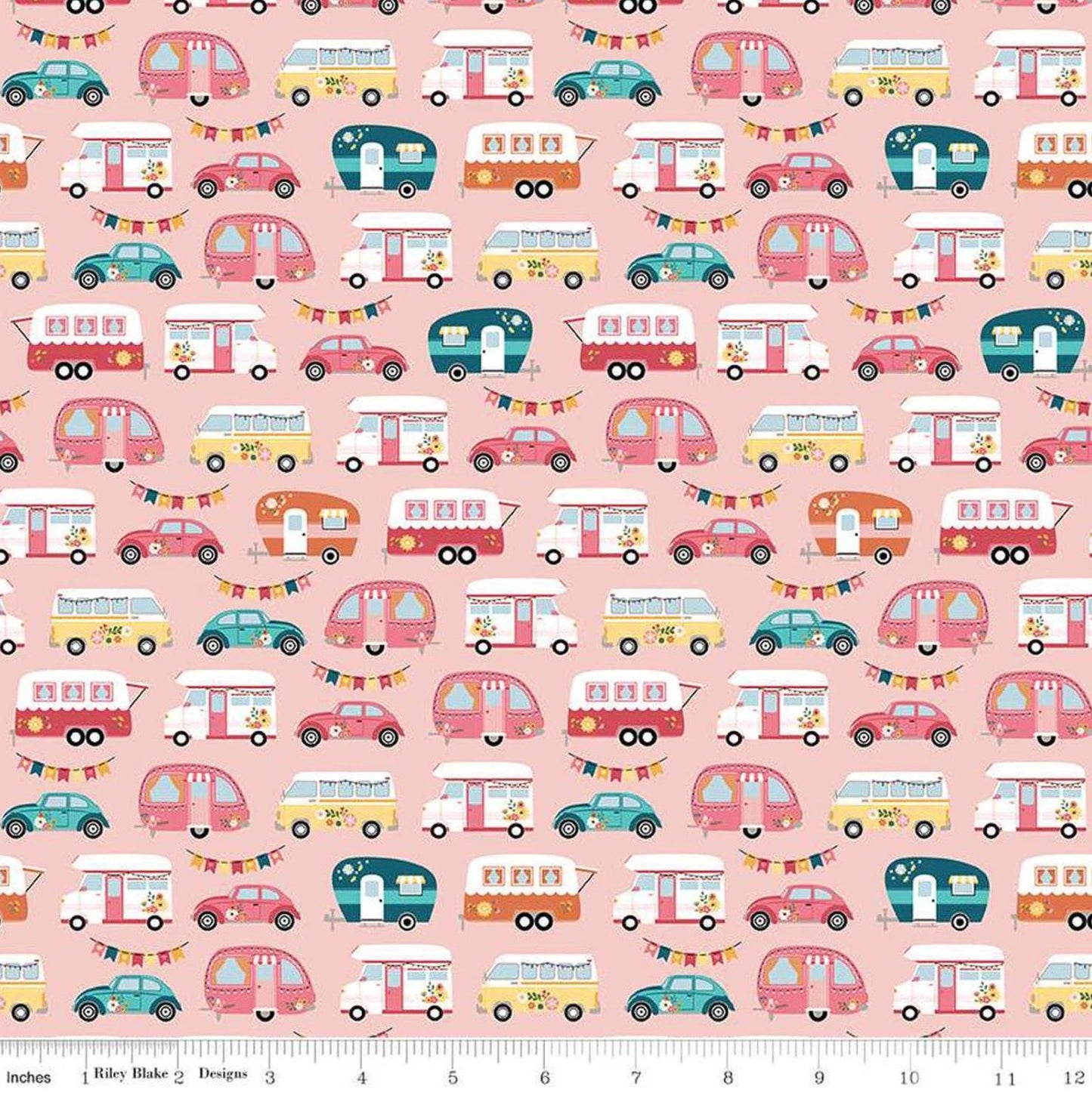 Riley Blake - Gone Glamping - Campers Pink - Quilting Cotton by the HALF Yard