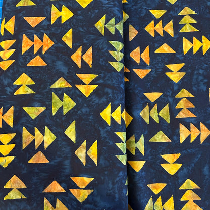 Batik Textiles - Black batik fabric with orange geometric designs - Fabric by the half yard
