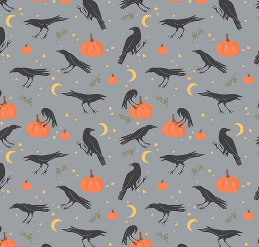 Riley Blake - Sophisticated Halloween - Vintage Crows - Fog Gray - Green Cups - 100% Quilting Cotton Fabric by the HALF YARD