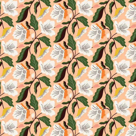 Cloud 9 - Honey Garden - Peach Irises - 100% Organic Cotton Fabric by the half yard