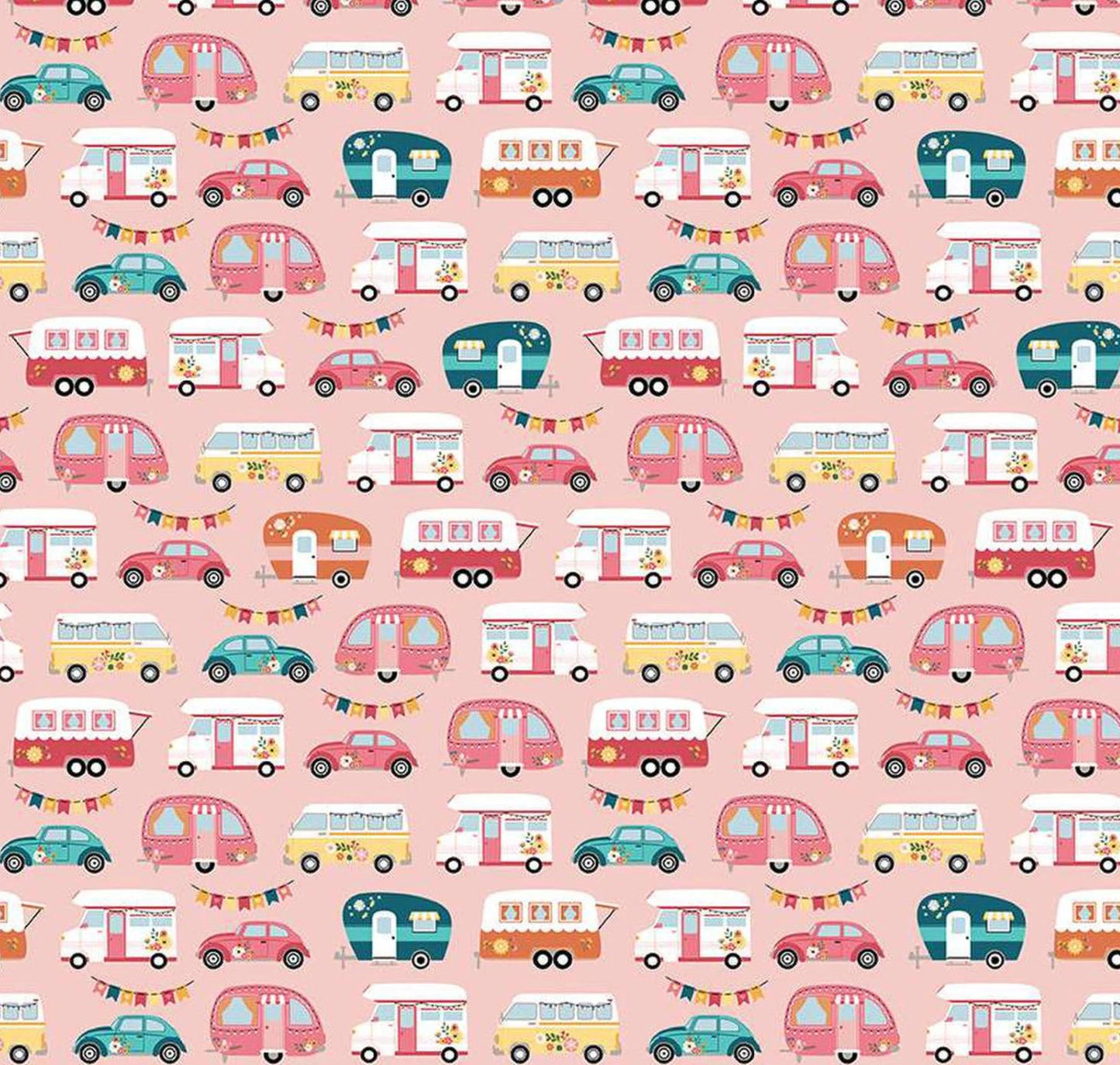 Riley Blake - Gone Glamping - Campers Pink - Quilting Cotton by the HALF Yard