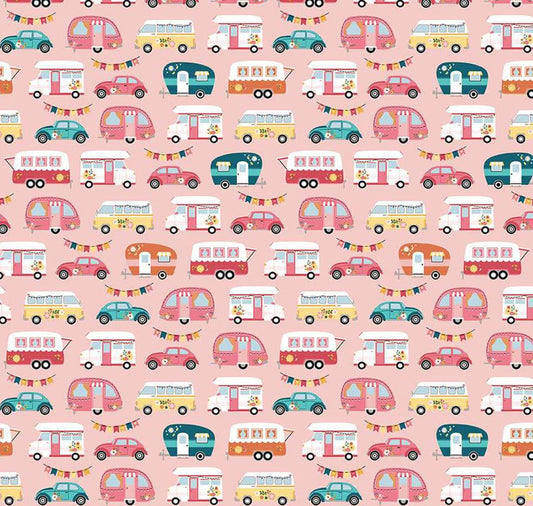 Riley Blake - Gone Glamping - Campers Pink - Quilting Cotton by the HALF Yard