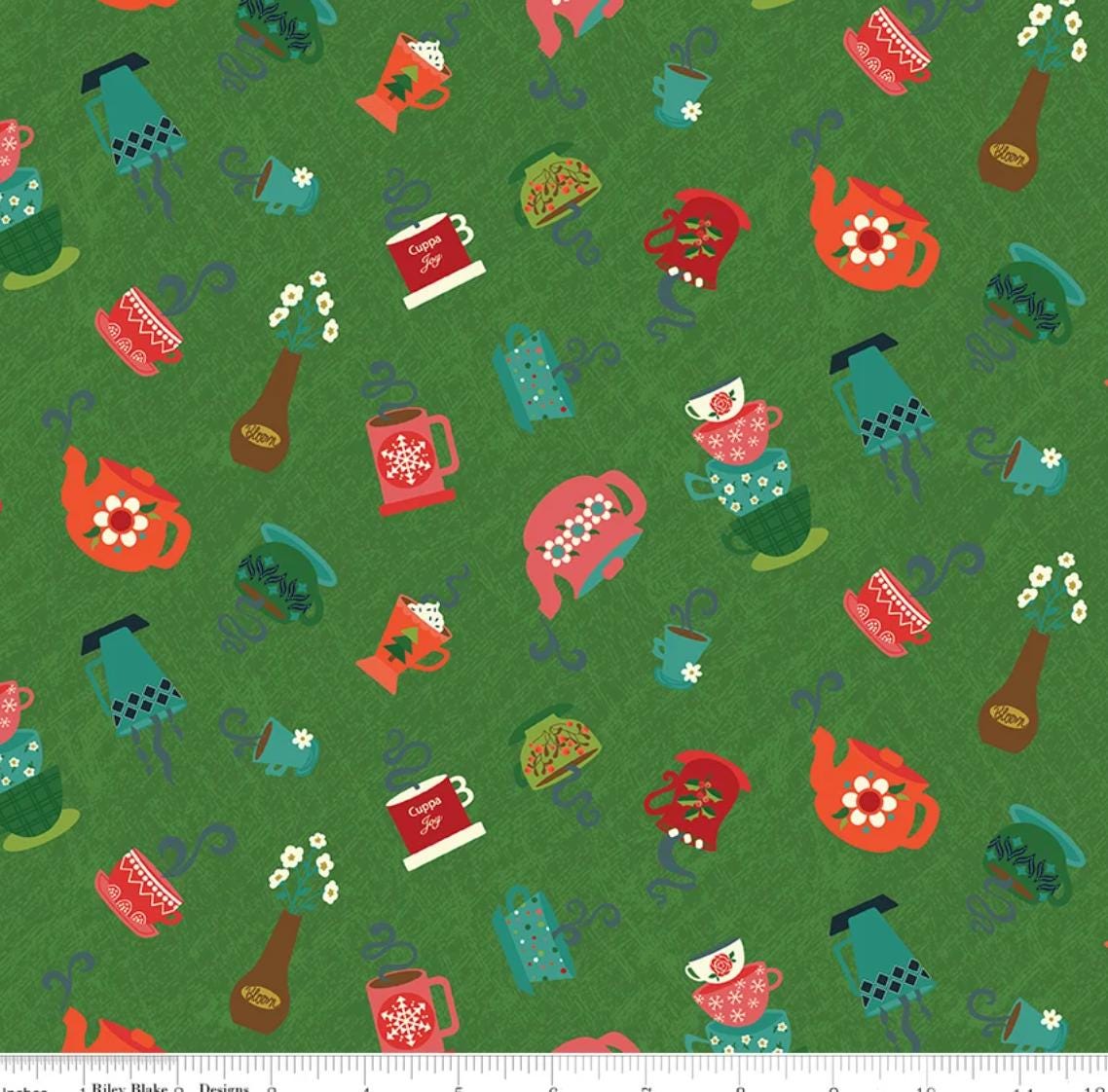 Riley Blake - In From The Cold - Green Cups - 100% Quilting Cotton Fabric by the HALF YARD