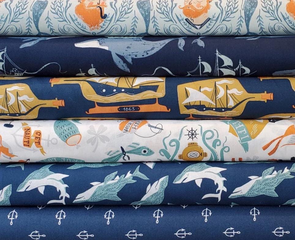 Dear Stella - Sink Or Swim - Sharks - Navy - Quilting Fabric By the HALF YARD - STELLA-SRR1468  By Rae Ritchie