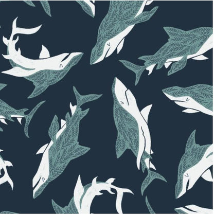 Dear Stella - Sink Or Swim - Sharks - Navy - Quilting Fabric By the HALF YARD - STELLA-SRR1468  By Rae Ritchie