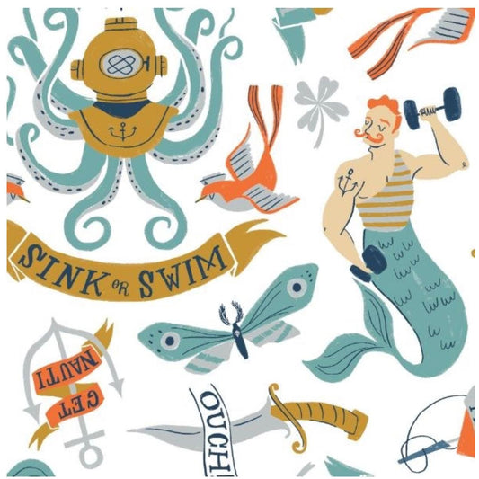 Dear Stella - Sink Or Swim - Tattoo - White - STELLA-SRR1468 By Rae Ritchie- Fabric by the half yard