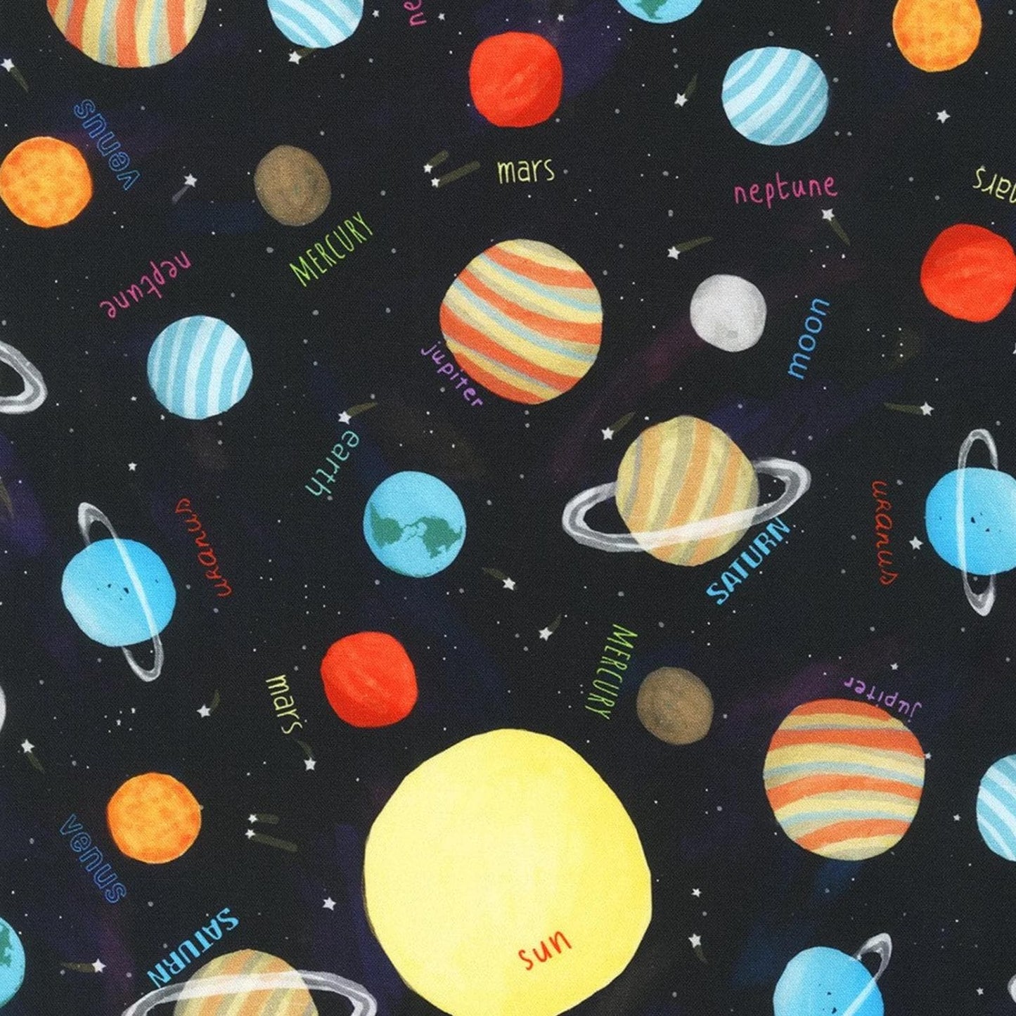 Robert Kaufman - Space Adventure - Planets - Black by Carla Daly - Fabric by the half yard