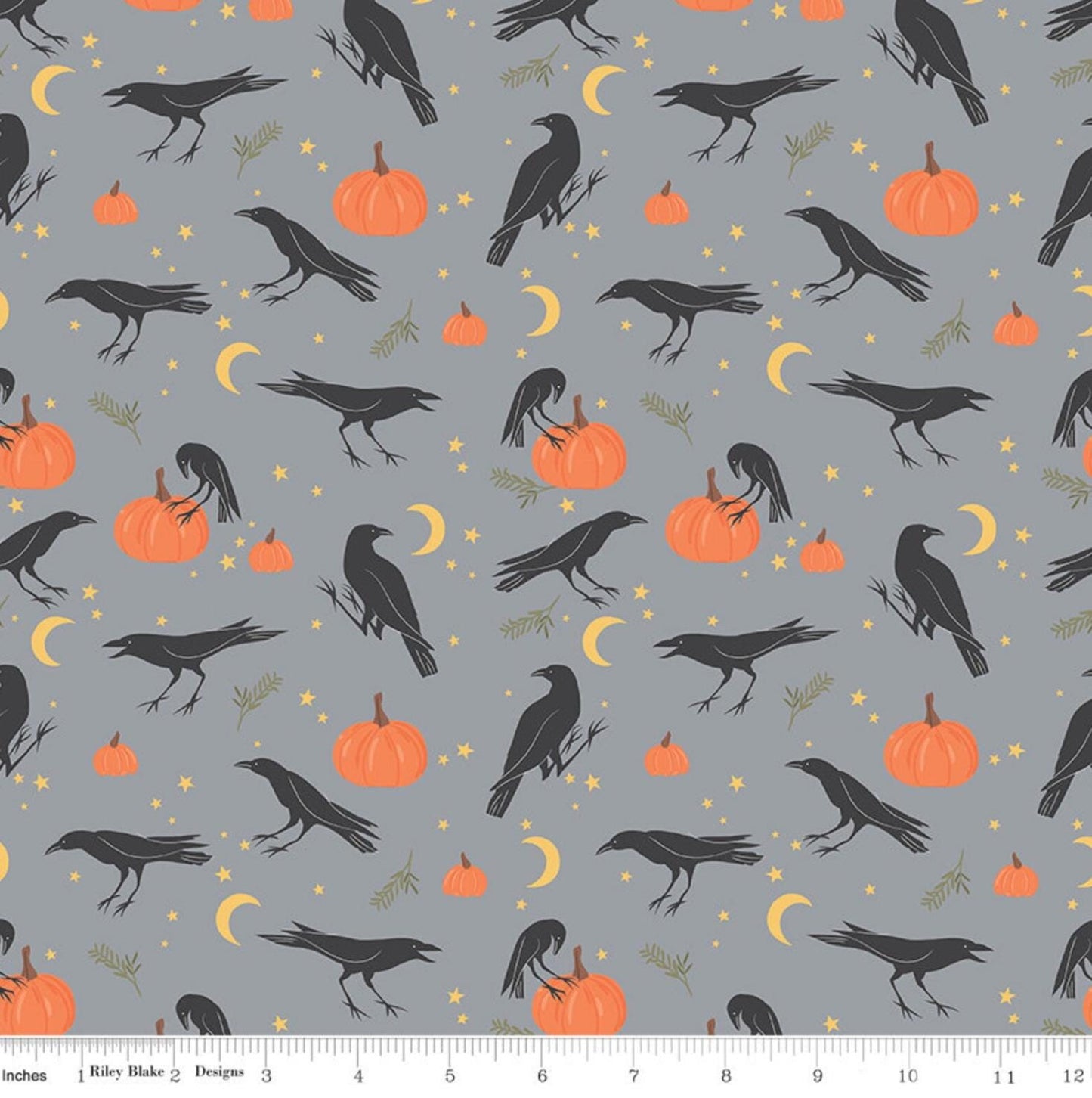 Riley Blake - Sophisticated Halloween - Vintage Crows - Fog Gray - Green Cups - 100% Quilting Cotton Fabric by the HALF YARD