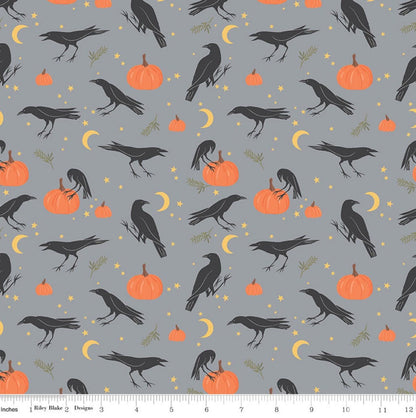 Riley Blake - Sophisticated Halloween - Vintage Crows - Fog Gray - Green Cups - 100% Quilting Cotton Fabric by the HALF YARD