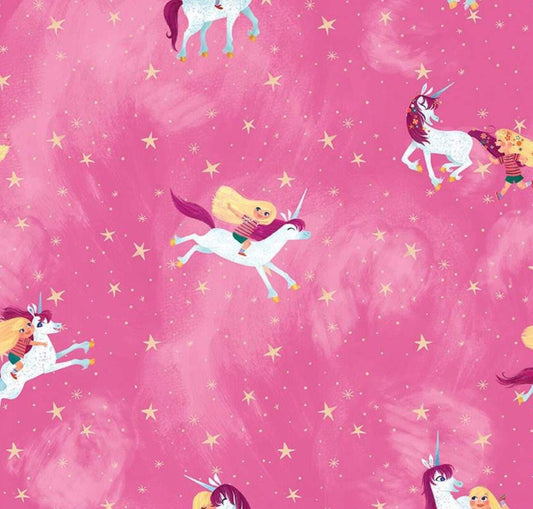 Riley Blake - Uni the Unicorn - Pink - Quilting Cotton Fabric by the Half Yard