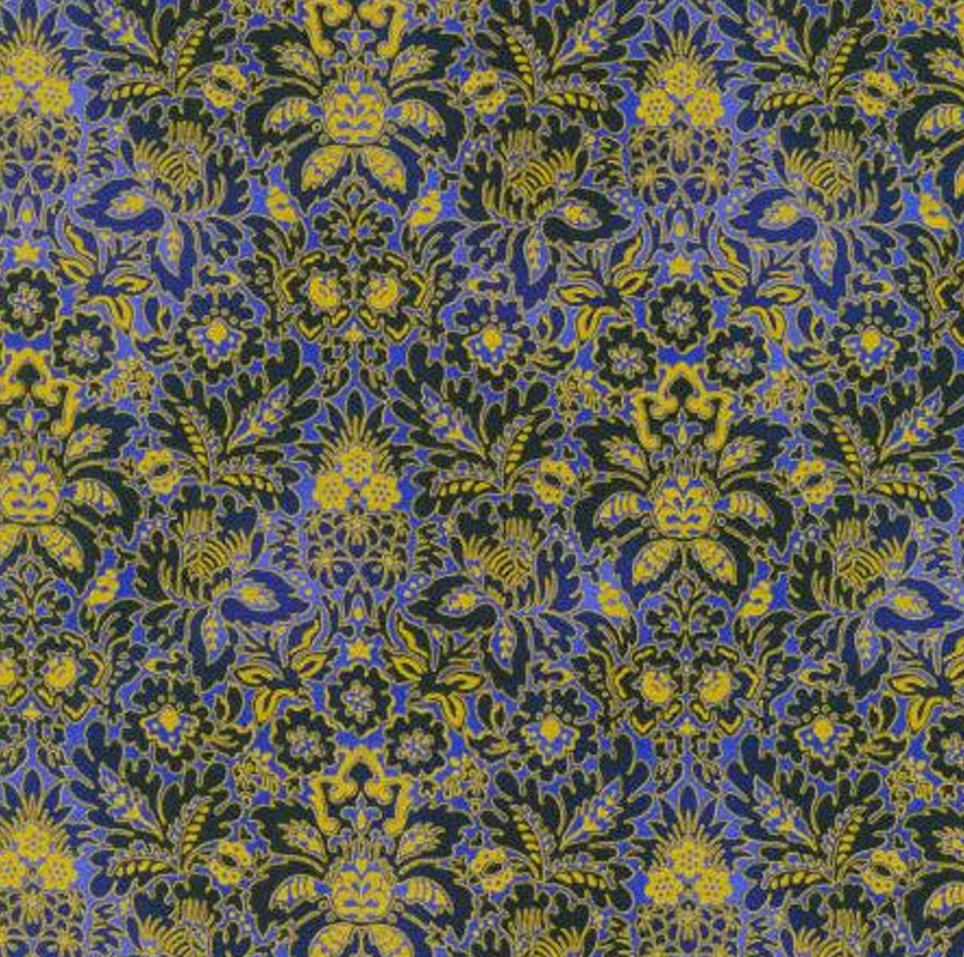 Studio RK Fabrics - Floral Damask -Lapis Gold Metallic - Fabric by the half yard