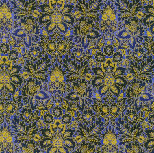 Studio RK Fabrics - Floral Damask -Lapis Gold Metallic - Fabric by the half yard